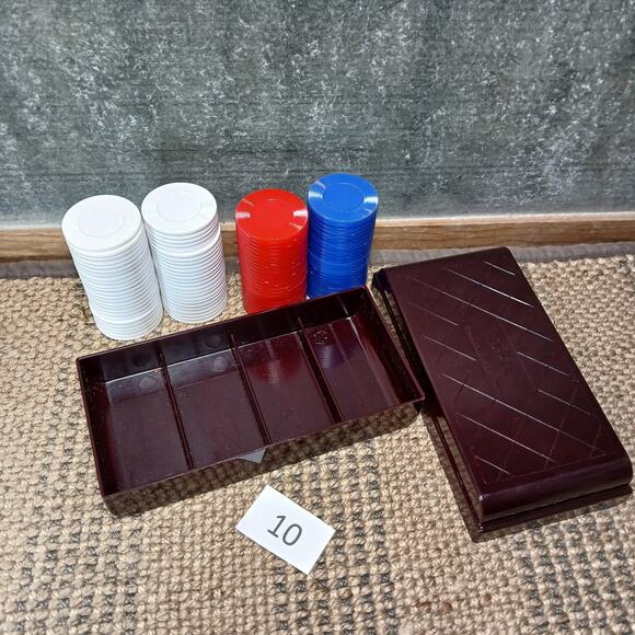 Vtg Tower Poker Chips/ Roulette Chips w/Maroon Diamond Lid Storage Box [Set #10] - Picture 2 of 10